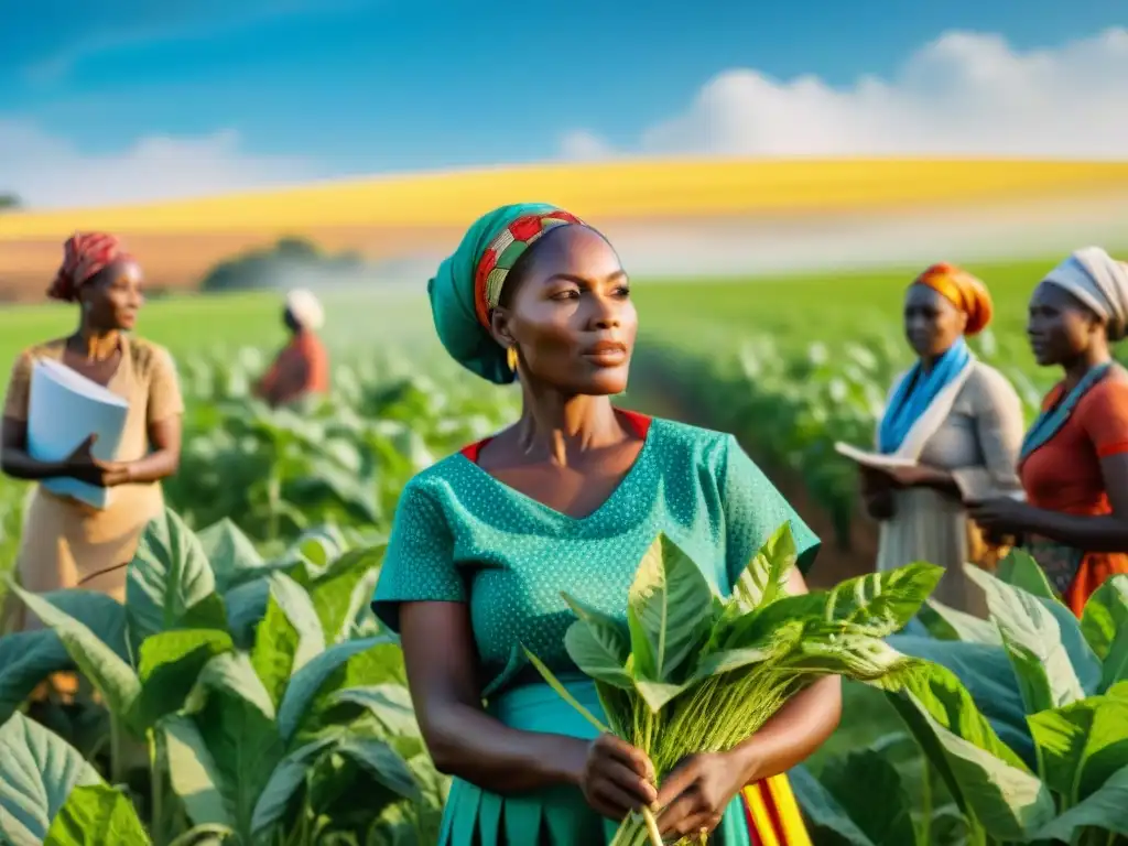 Mujeres africanas trabajan unidas en un campo verde y vibrante, con normativas sostenibilidad UE comparación mundial