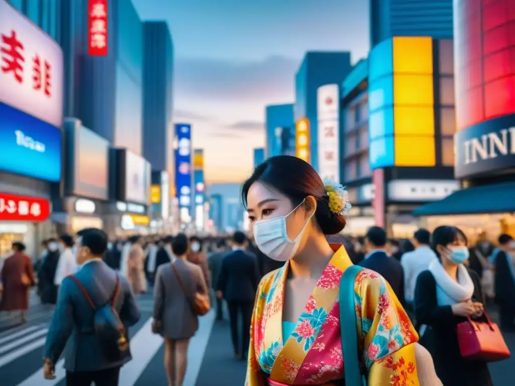 Multitud en Tokio con mascarillas y kimonos, entre rascacielos y luces neón, fusionando tradición y tecnología