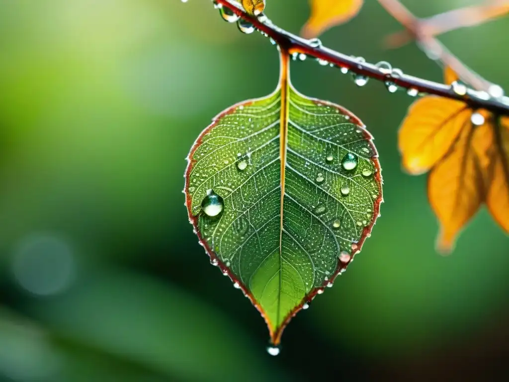 Un mundo de biodiversidad en una hoja verde con gotas de rocío, bajo la luz del sol en un bosque