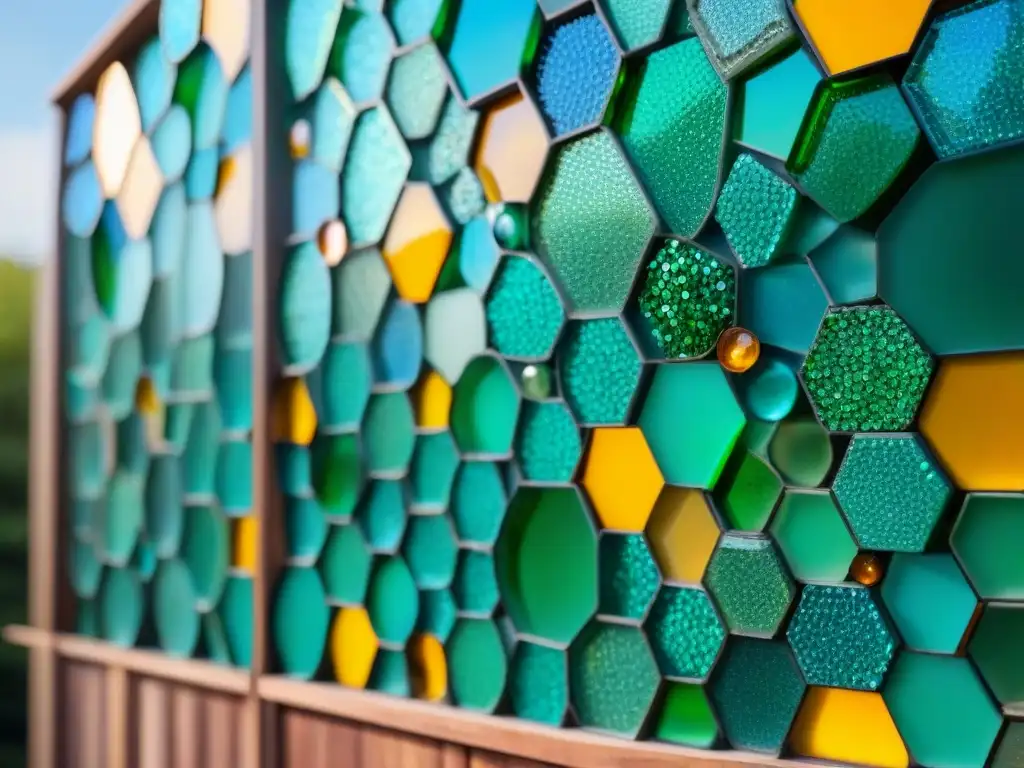 Un muro de mosaico elaborado con materiales reciclados para construcción sostenible, resplandeciendo en colores vibrantes y texturas únicas