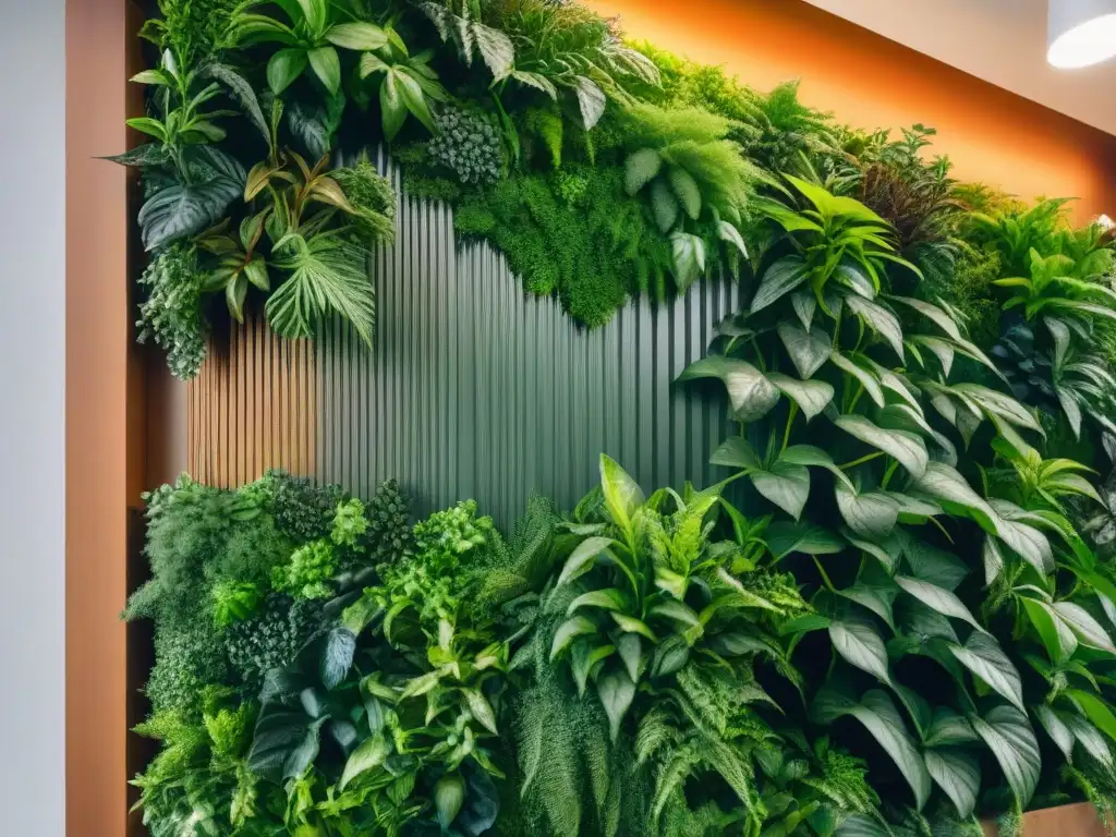 Un muro verde exuberante en un apartamento urbano, muestra la belleza y tranquilidad del diseño biofílico para apartamentos pequeños