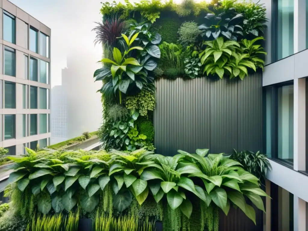 Un muro verde exuberante en un edificio de oficinas moderno, donde plantas crecen en un jardín vertical