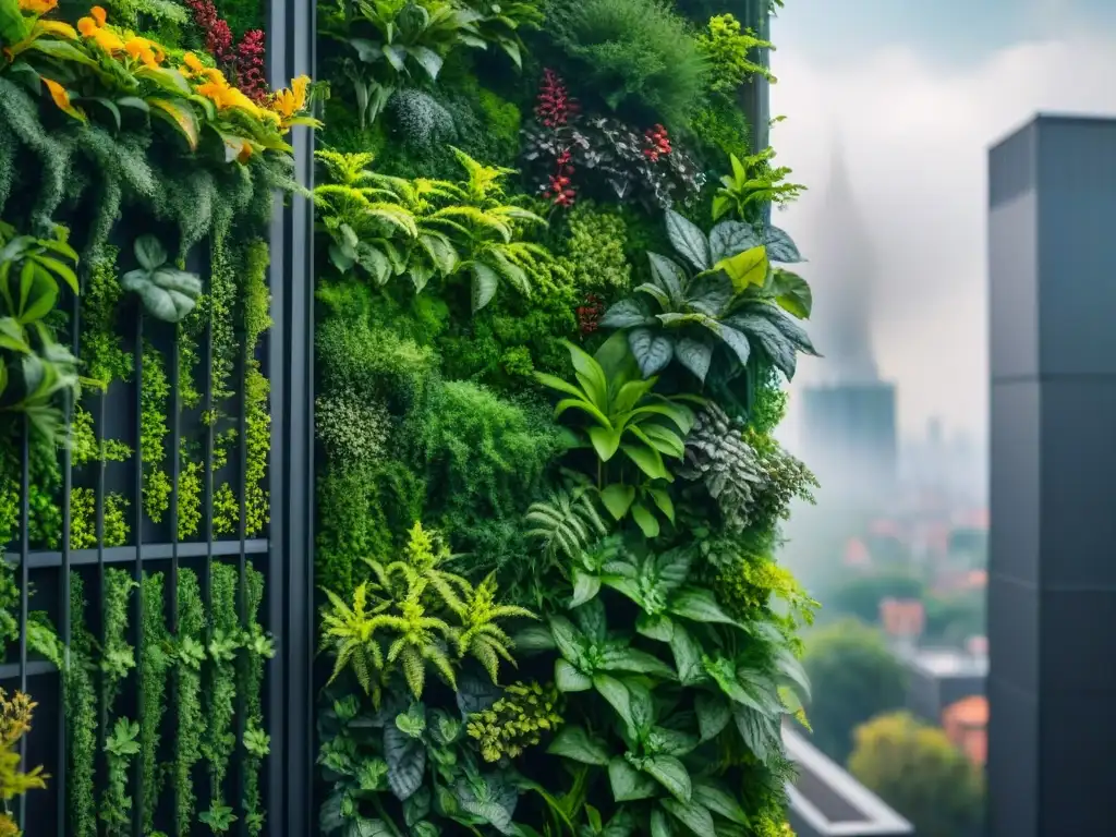 Un muro verde exuberante de materiales sostenibles para paisajismo, donde la naturaleza y la arquitectura se fusionan en armonía