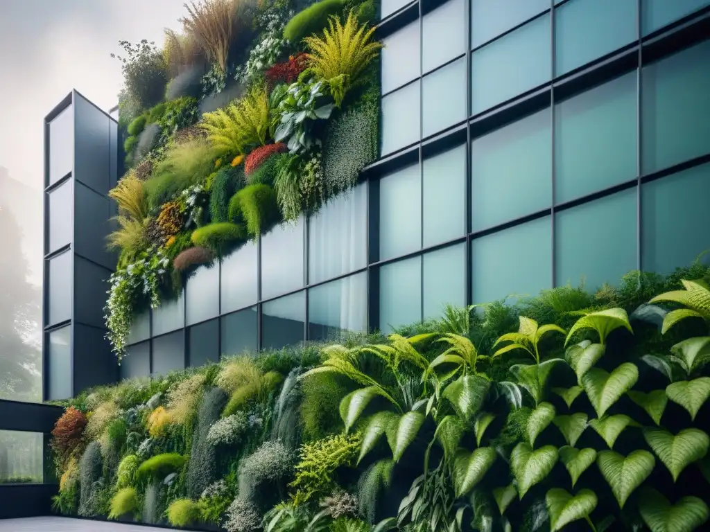 Un muro verde exuberante contrasta con la moderna arquitectura, destacando la integración de éxito verde sostenibilidad arquitectura diseño