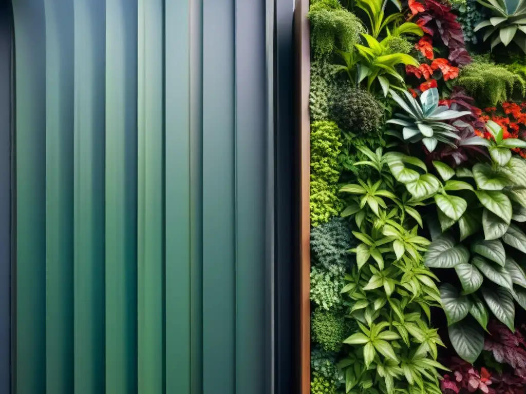 Un muro verde exuberante con plantas trepadoras vibrantes creando un espectáculo de colores y texturas