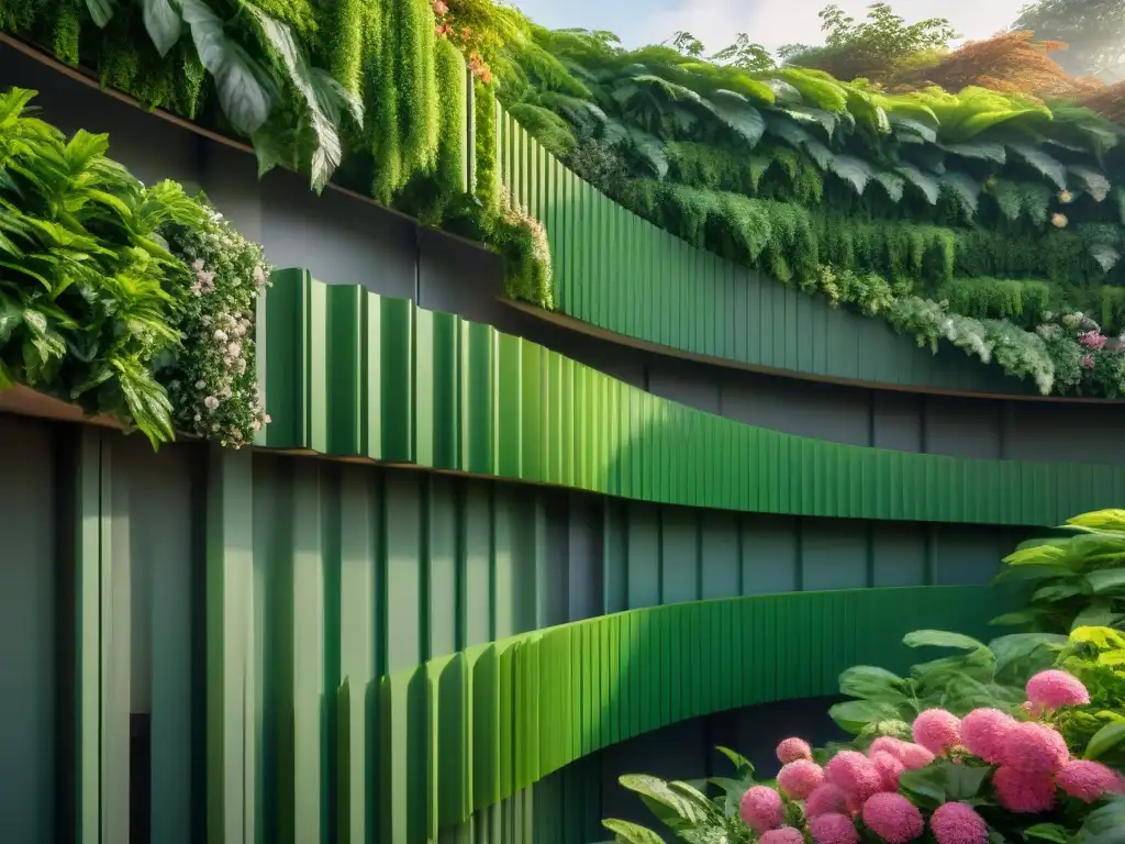 Un muro verde exuberante con plantas trepadoras vibrantes en patrón envolvente