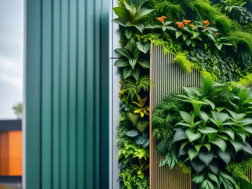 Un muro verde exuberante en diseño viviendas sostenibles biodiversidad, armonía entre plantas y arquitectura