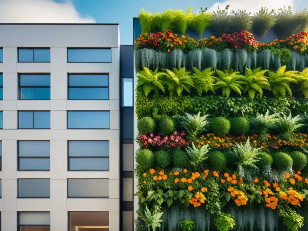 Un muro verde vibrante en un edificio urbano, destaca la armonía entre naturaleza y arquitectura