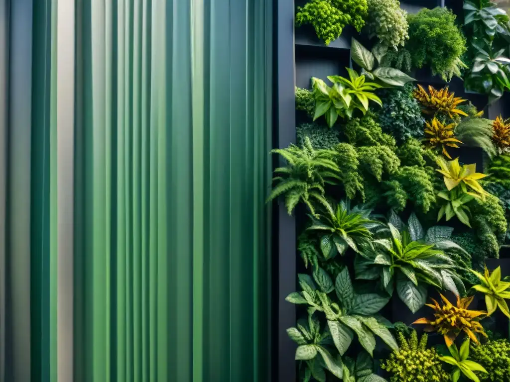 Un muro verde vibrante con diversas especies vegetales, iluminado por la luz solar