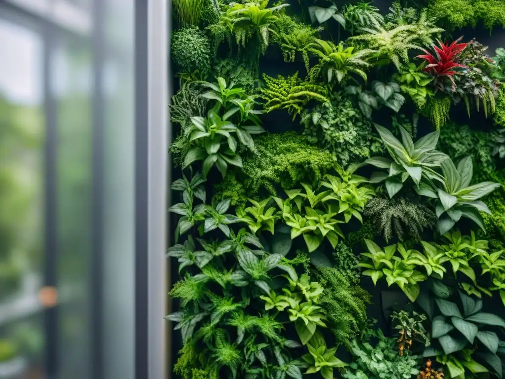 Un muro verde en una bioconstrucción para viviendas sostenibles, con una variedad de plantas exuberantes y vibrantes