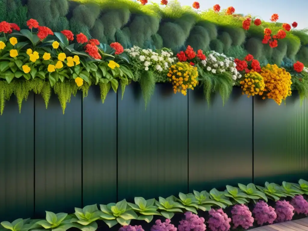 Un muro de contención vivo ecológico con flores vibrantes y raíces entrelazadas, resaltando su belleza natural