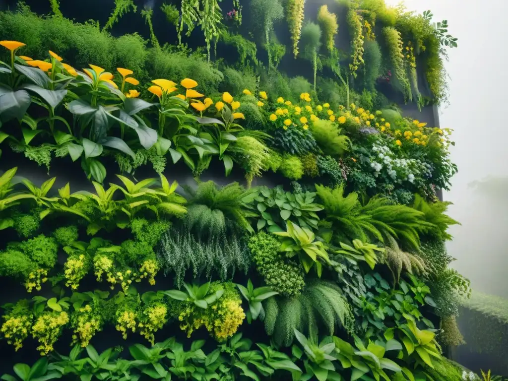 Un muro de contención vivo ecológico con plantas vibrantes y exuberantes, armonía entre naturaleza y arquitectura