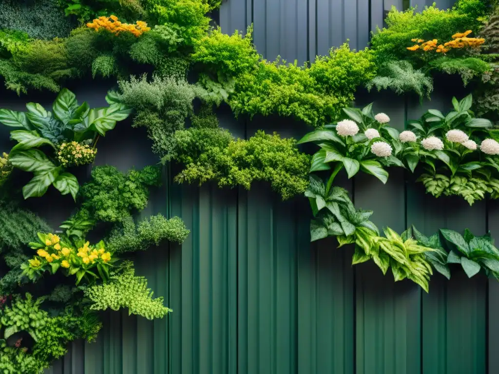 Un muro vivo exuberante con plantas vibrantes y diseño ecológico con elementos naturales