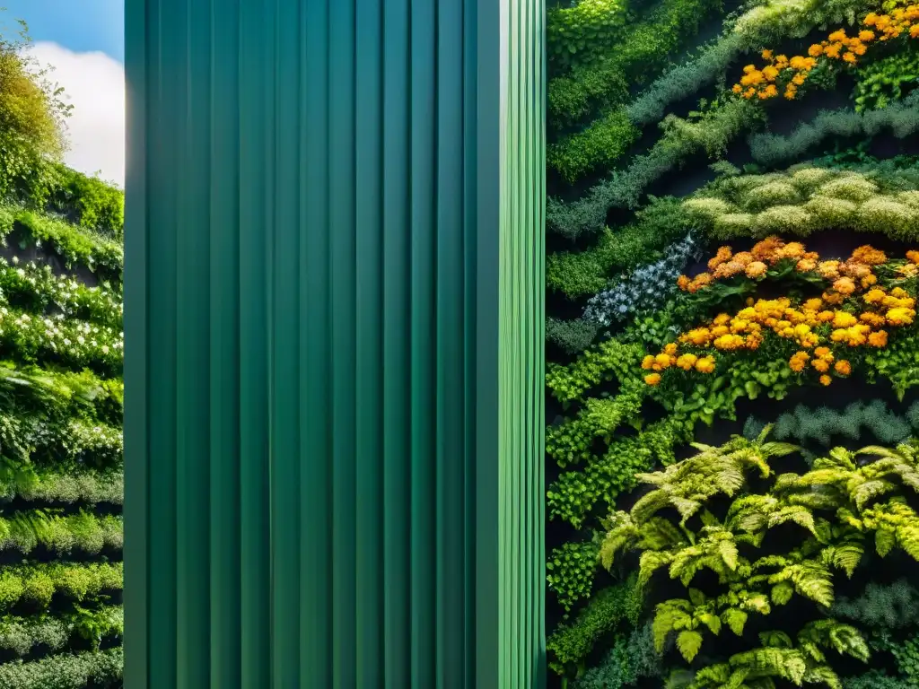 Un muro vivo exuberante con plantas y flores, diseño biofílico para espacios sostenibles