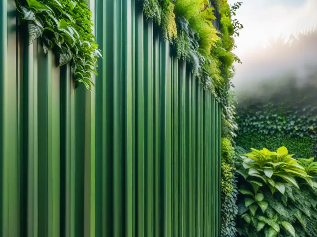 Un muro vivo sostenible con plantas variadas en armonía, reflejando la integración de muros vivientes sostenibles