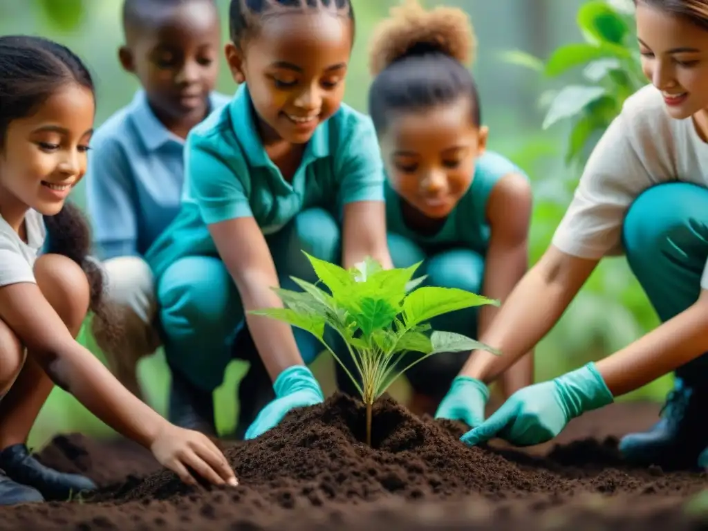 Niños plantando árboles: educación ambiental para un futuro sostenible Niños plantando árboles juntos en el bosque, demostrando la importancia de la educación ambiental para un futuro sostenible en el mercado inmobiliario