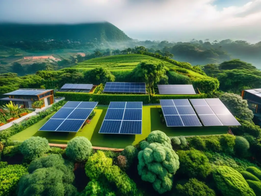 Comunidad sostenible: armonía entre modernidad y naturaleza Un oasis ecoamigable: comunidad sostenible en armonía con la naturaleza, equilibrio perfecto entre diseño ecoamigable
