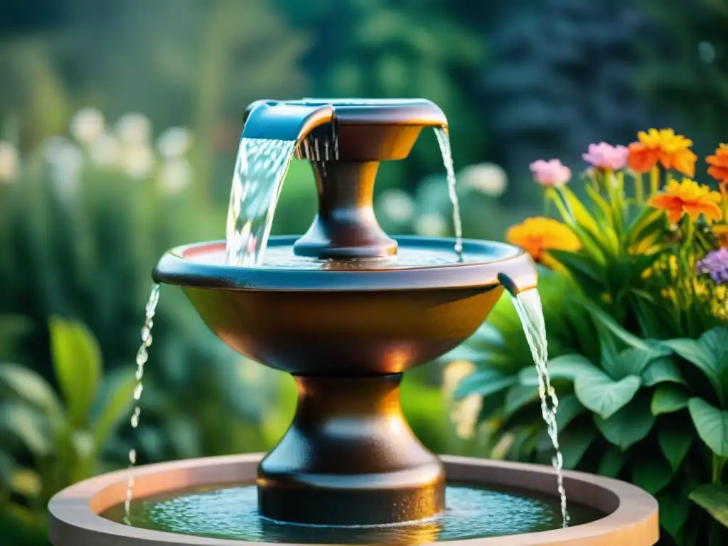 Un oasis ecológico: fuente de agua sostenible en jardín con materiales reciclados y plantas vibrantes