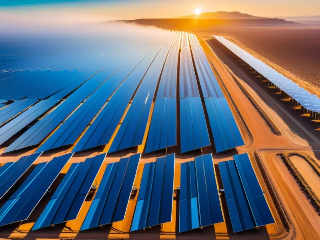 Un oasis de energía limpia: un extenso campo solar en el desierto, reflejando la luz del sol y mostrando su impacto positivo en el medio ambiente