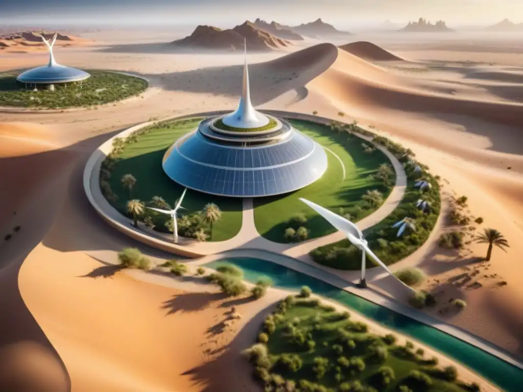 Un oasis futurista de arquitectura sostenible en desiertos, con innovadores diseños integrados en el paisaje árido