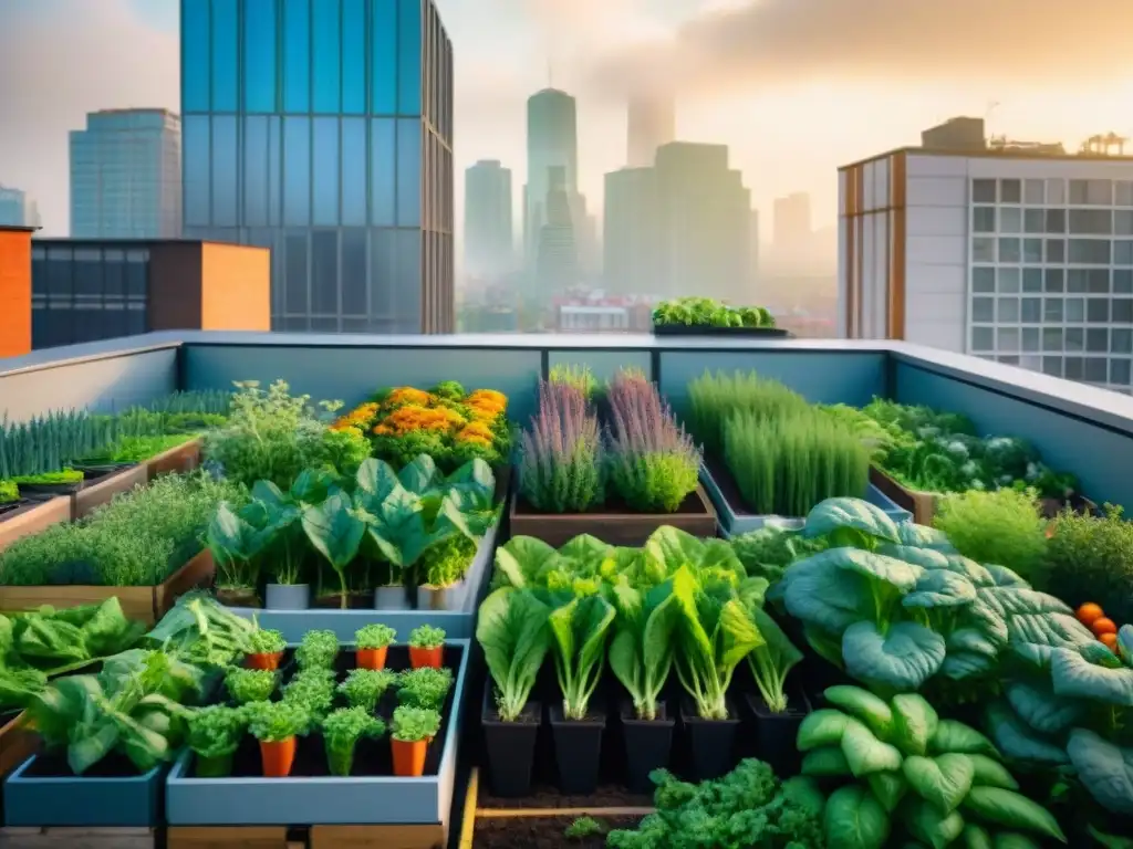 Un oasis de huertos compactos sostenibles en medio de la ciudad, lleno de verduras y hierbas coloridas