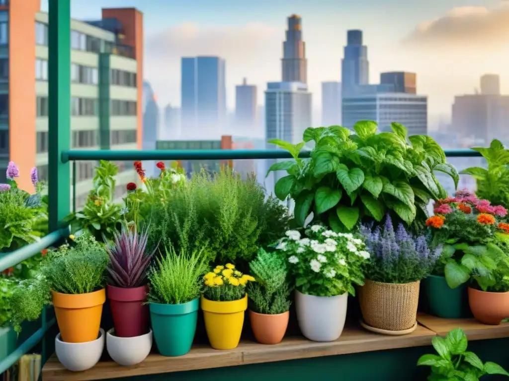 Un oasis de huertos urbanos sostenibles en balcones, rebosante de vida y color en medio de la ciudad