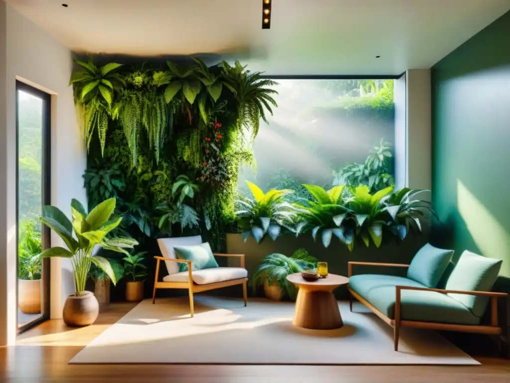 Oasis natural en hogar sostenible: jardín vertical exuberante con plantas tropicales en sala iluminada por el sol