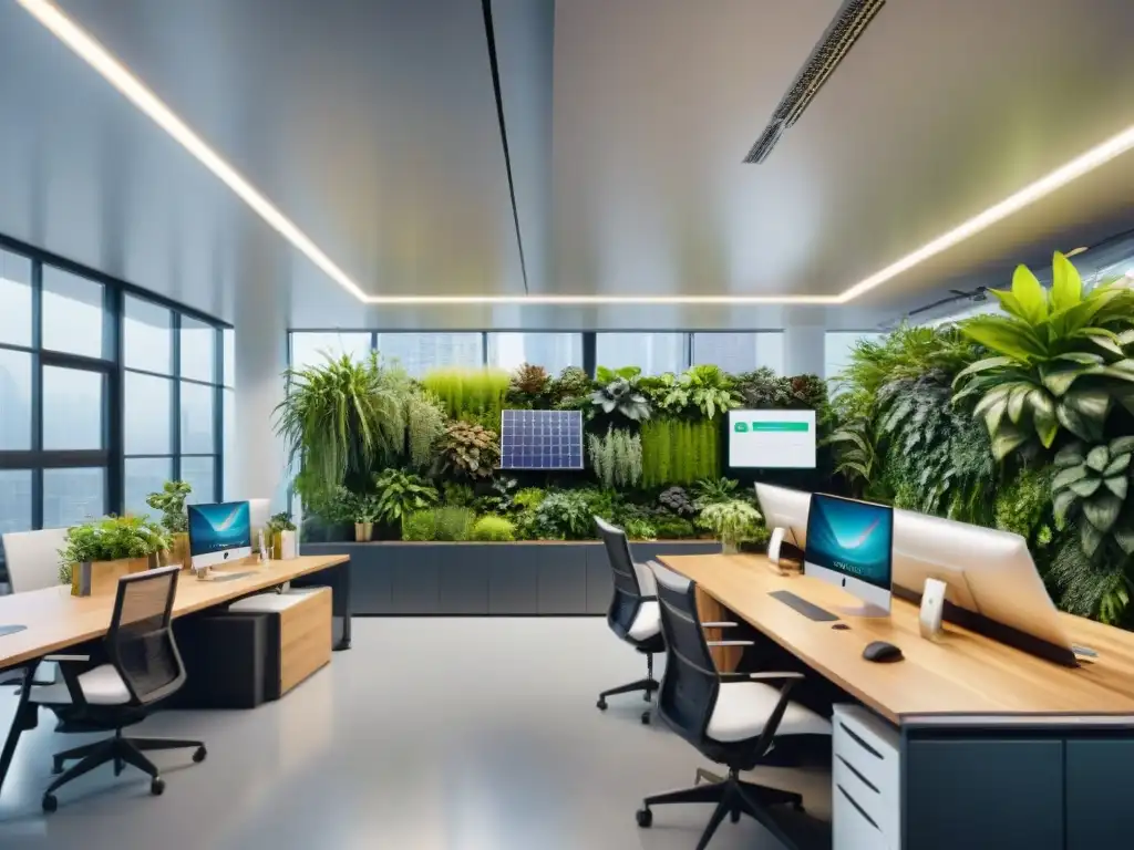 Un oasis de sostenibilidad en la oficina eco-friendly, integrando diseño verde y elementos eco en un espacio moderno y luminoso