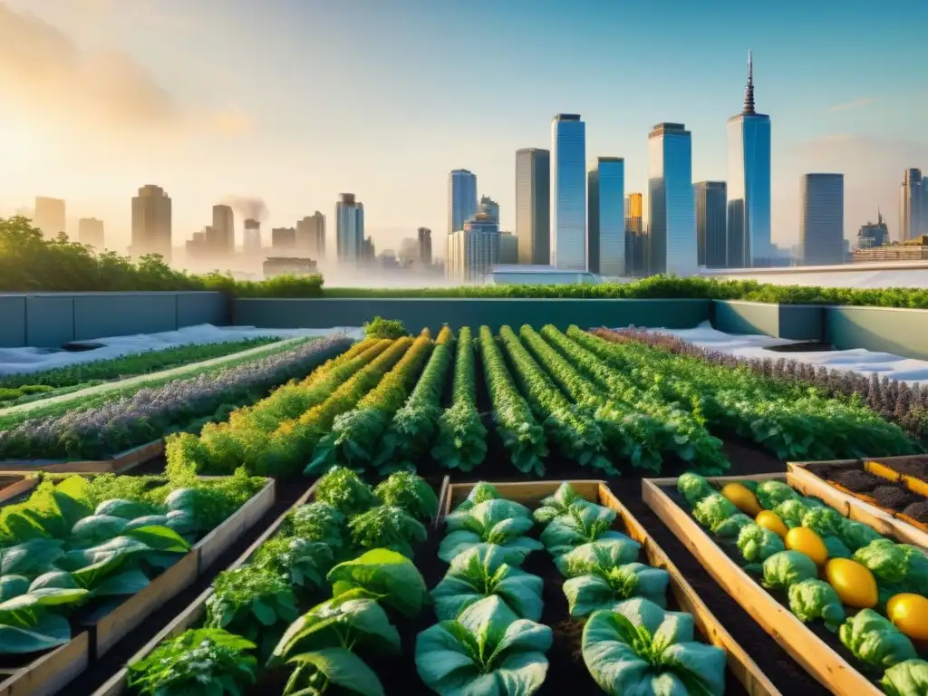 Un oasis sostenible en la ciudad: huerto urbano con hortalizas, flores y árboles frutales