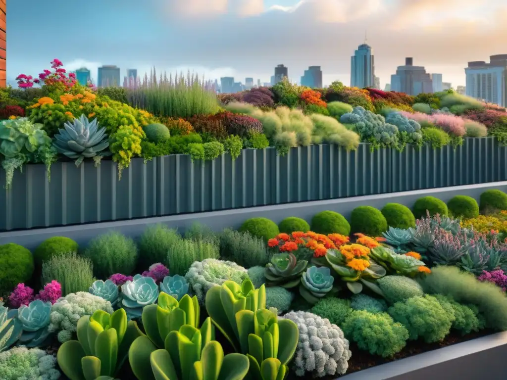 Un oasis sostenible en la ciudad: un jardín verde con flores, suculentas y hierbas, lleno de vida