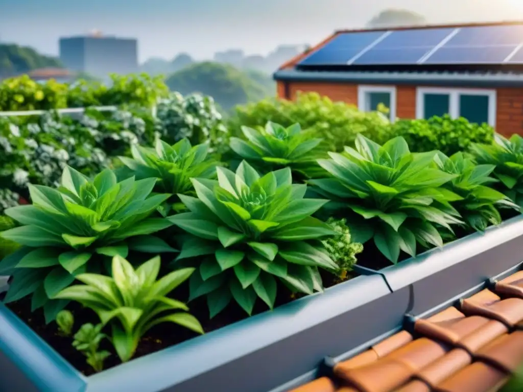 Un oasis sostenible en un hogar verde: jardín en la azotea con plantas vibrantes, paneles solares y sistema de recolección de agua de lluvia