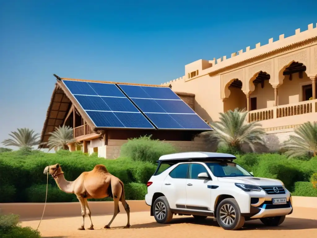 Un oasis sostenible en Medio Oriente: hotel tradicional rodeado de jardines verdes, paneles solares, camellos y coche eléctrico