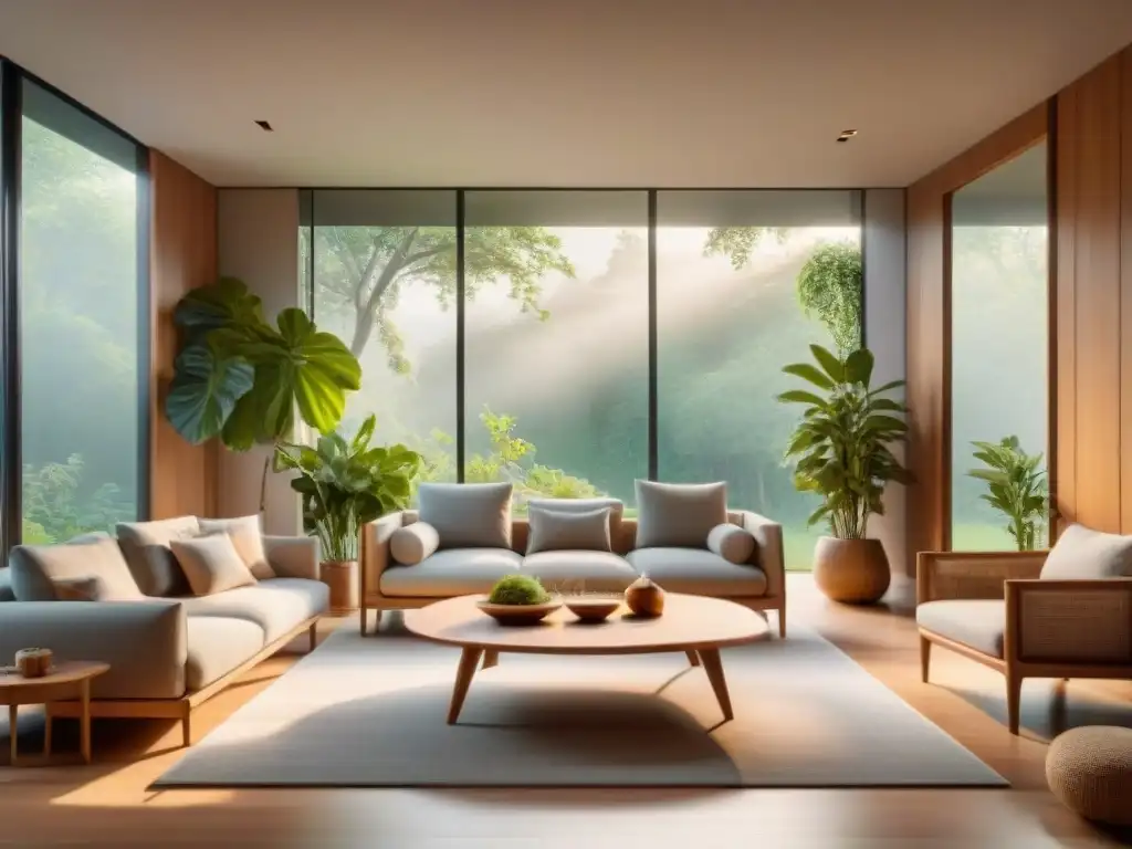 Un oasis de tranquilidad en una casa ecológica: sala con muebles sostenibles, luz natural y plantas