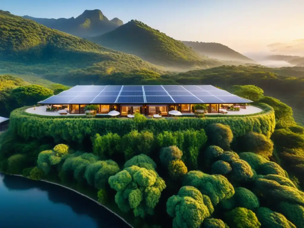 Un oasis de ecoinnovación en el turismo sostenible: hotel ecológico rodeado de vegetación, paneles solares y molinos de viento al atardecer