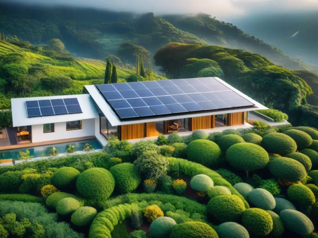 Un oasis de turismo sostenible: hotel ecoinovador rodeado de vegetación, con paneles solares y huéspedes disfrutando de sus comodidades ecoamigables