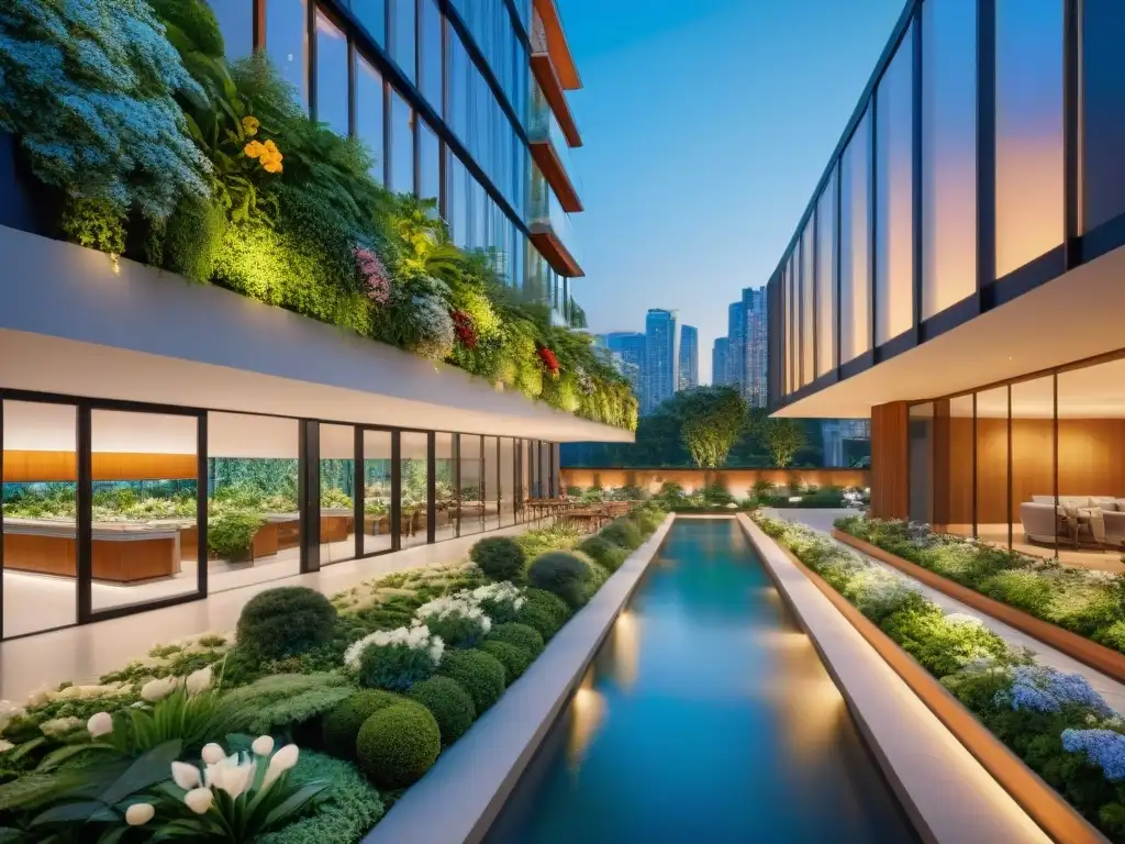 Armonía urbana: diseño moderno y naturaleza en perfecta fusión Un oasis urbano bullicioso con un diseño arquitectónico moderno y naturaleza integrada, reflejando la armonía entre naturaleza y sofisticación urbana