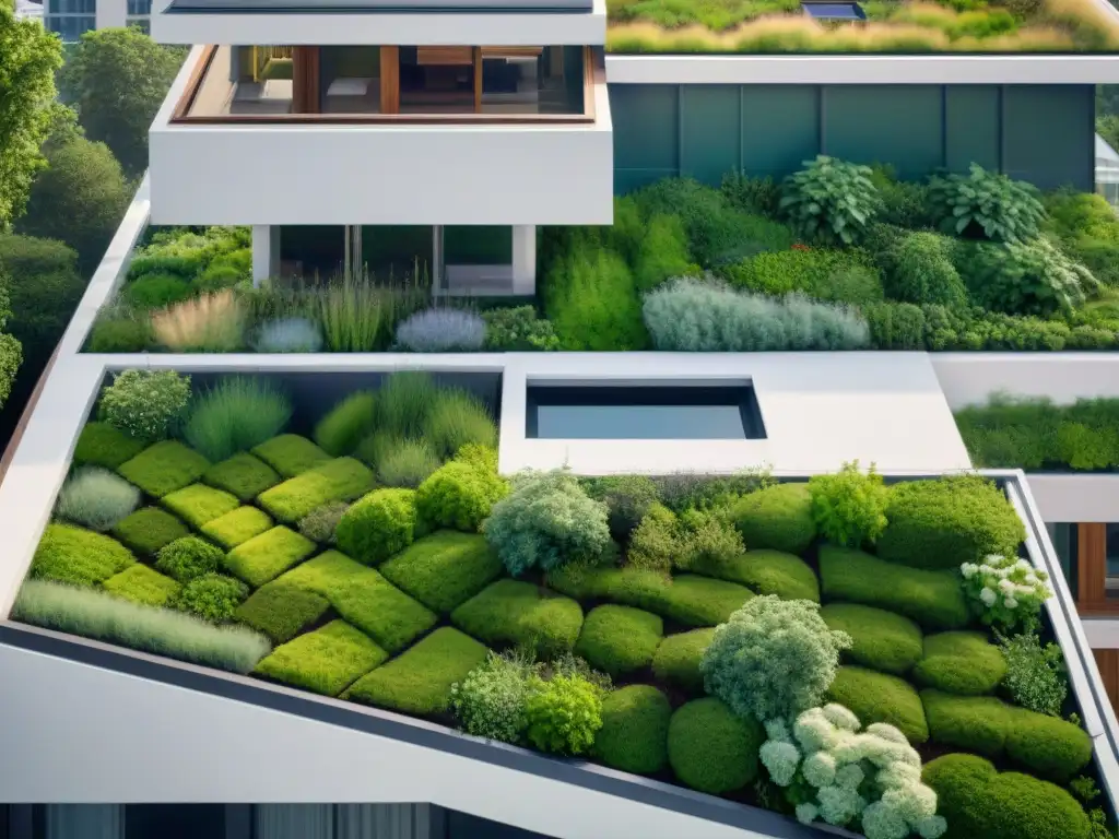 Un oasis urbano: edificio moderno con techos verdes vibrantes contrastando con la ciudad