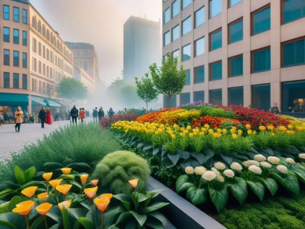 Un oasis urbano lleno de vida y color, donde la permacultura en diseño urbano sostenible florece en armonía con la ciudad