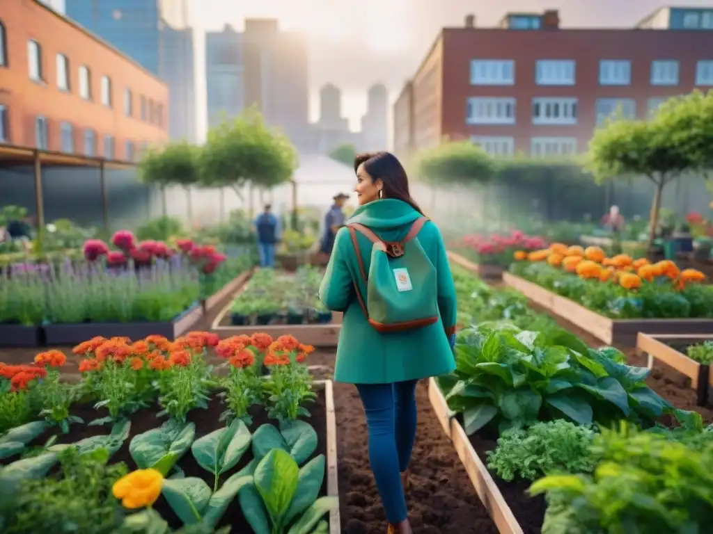 Un oasis urbano sostenible, con jardín comunitario floreciente y diversidad de personas de todas las edades y orígenes