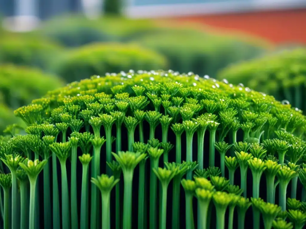 Un oasis urbano de biodiversidad en un techo verde, con plantas diversas y gotas de rocío brillando bajo la suave luz matutina