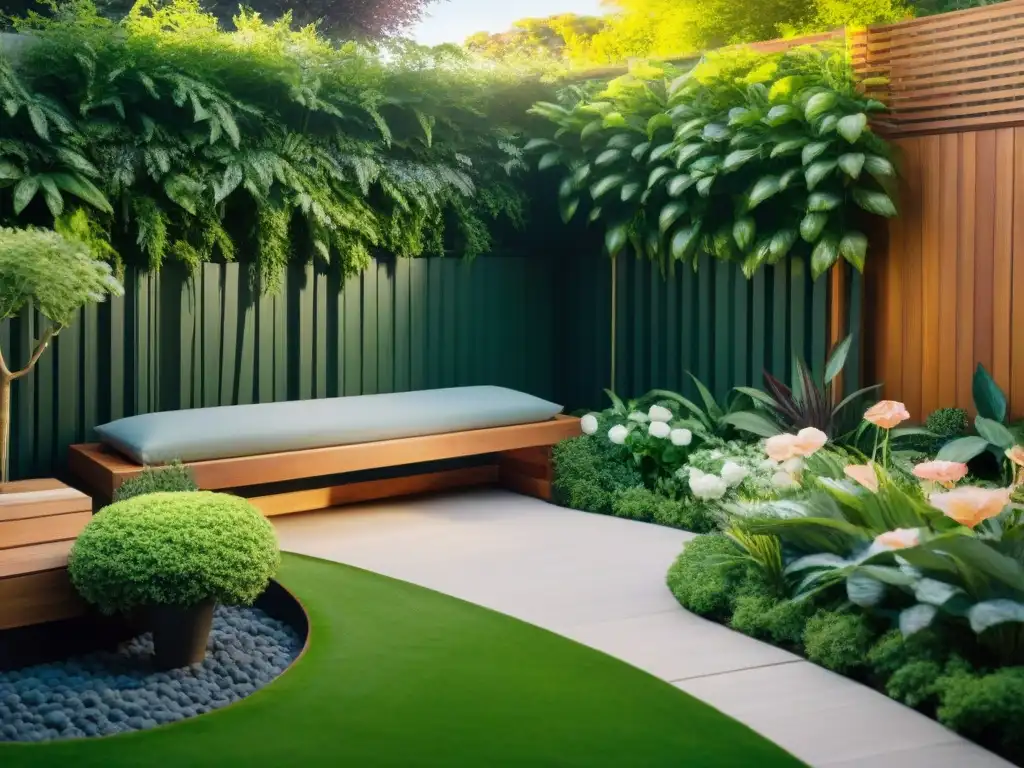 Un oasis urbano con técnicas de paisajismo en pequeños jardines urbanos, lleno de plantas vibrantes y rincones acogedores