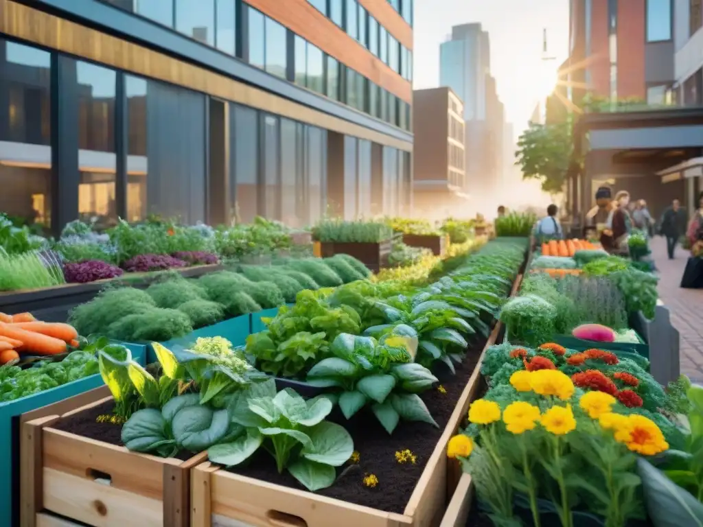 Un oasis urbano vibrante con agricultura urbana integrada en la ciudad bulliciosa