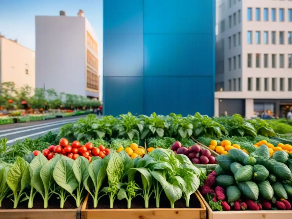 Un oasis urbano vibrante donde se cultivan alimentos en espacios urbanos, con diversidad y armonía entre la naturaleza y la vida citadina