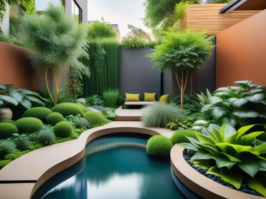 Un oasis urbano vibrante en un pequeño patio de una bulliciosa ciudad, con técnicas de paisajismo para jardines urbanos