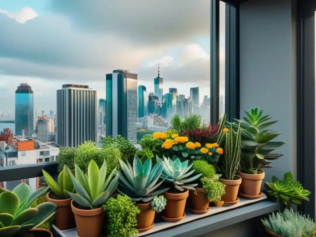 Un oasis verde en un balcón urbano, lleno de plantas y flores coloridas, inspirando huertos urbanos sostenibles en balcones