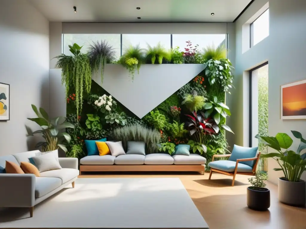 Un oasis verde en casa: jardinería vertical sostenible en interiores con plantas exuberantes y coloridas