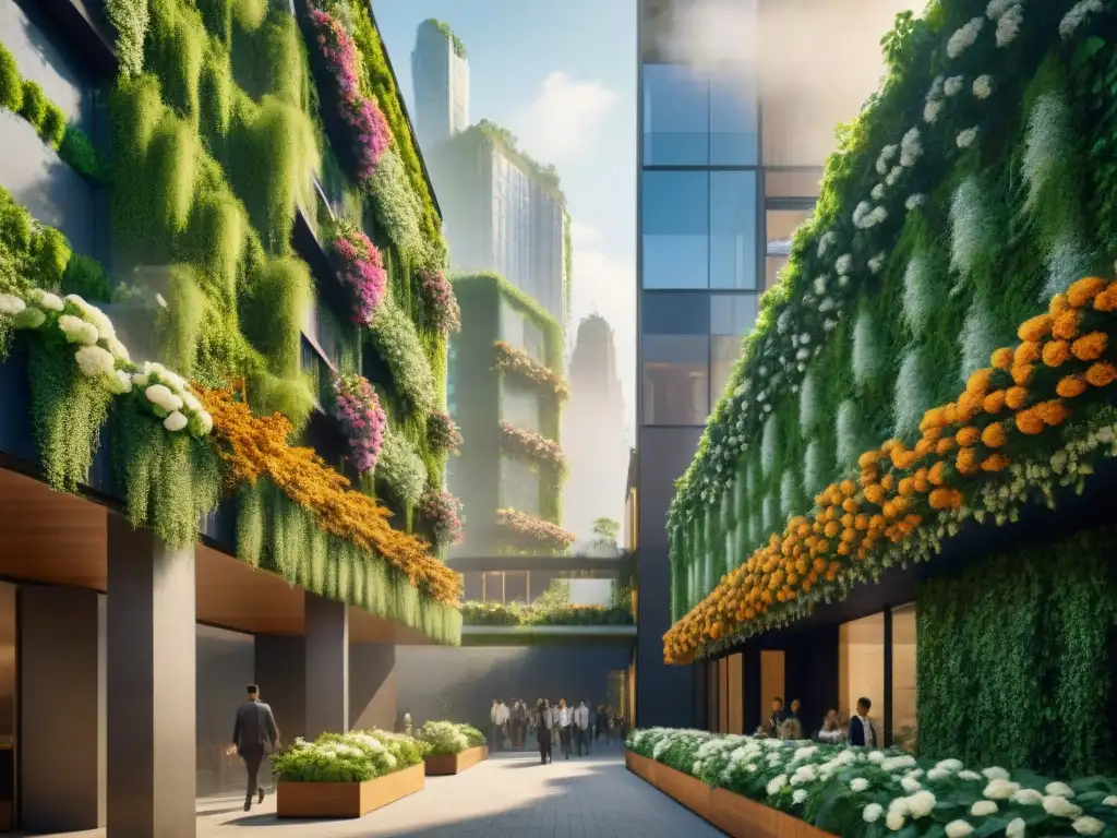 Un oasis verde en la ciudad: muros vivos de arquitectura sostenible con jardines verticales vibrantes y coloridas flores