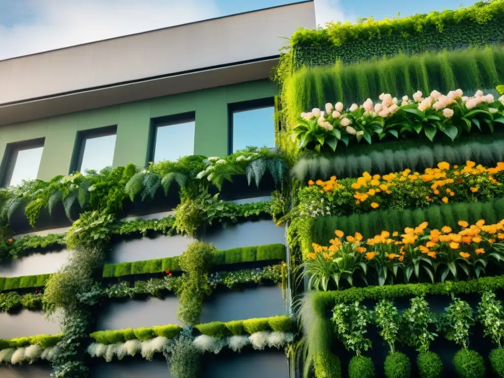 Un oasis verde en la ciudad: jardín vertical con plantas, flores y aves