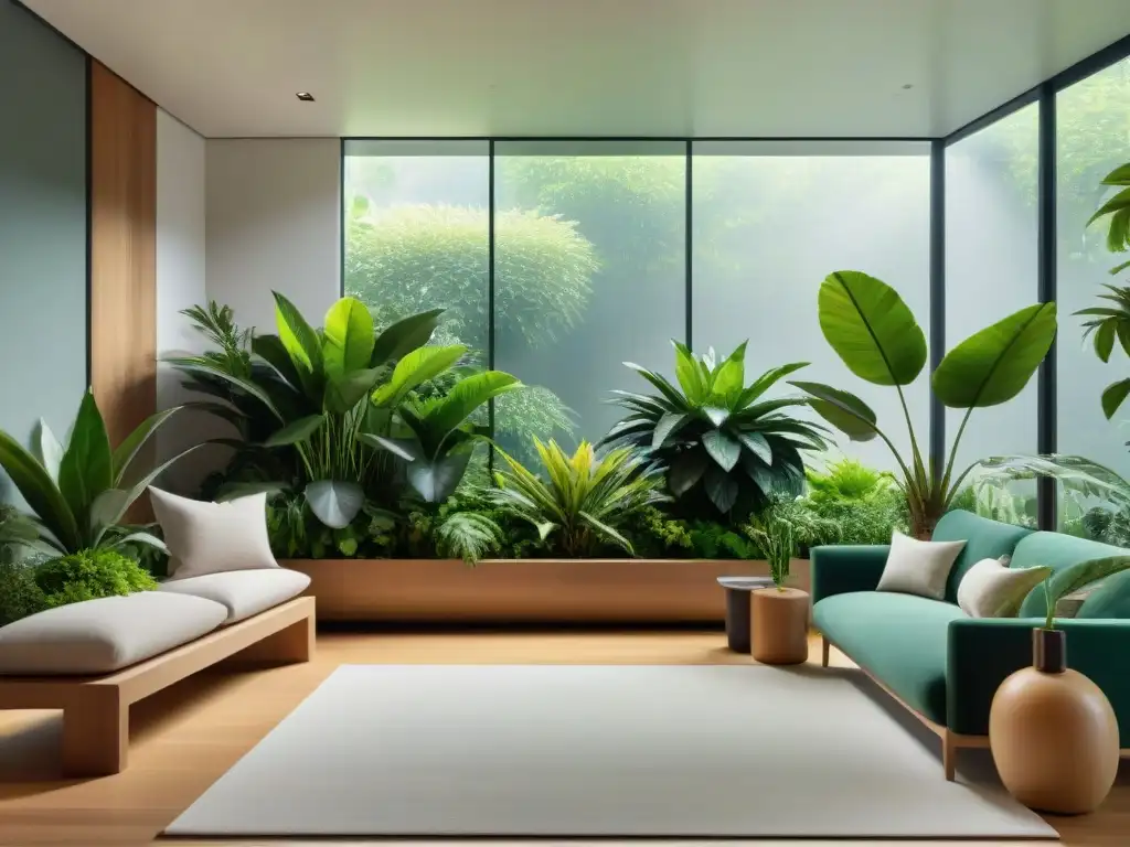 Un oasis verde y elegante en un salón moderno inundado de luz natural, con plantas exuberantes en estantes de madera