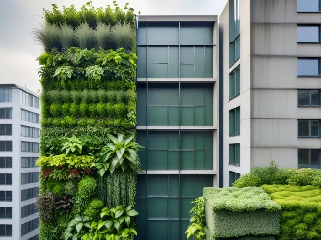 Un oasis verde en la jungla de concreto urbana, resaltando los beneficios de los jardines verticales en el aire urbano